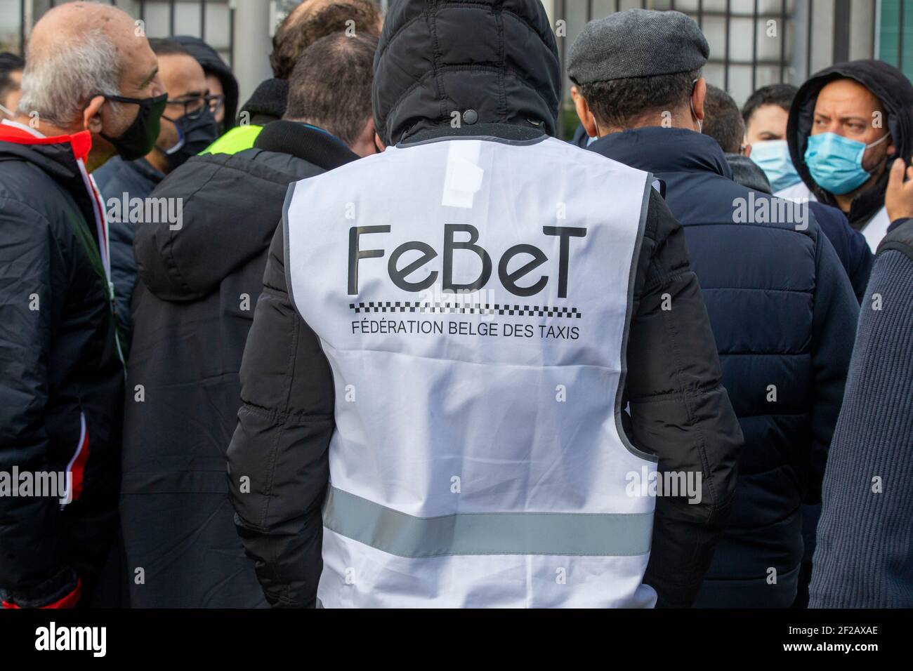 Abbildung Bild zeigt das FEBET Logo bei einer Protestaktion Der 'Mauto Defence' Autofahrergruppe und der 'FEBET' Taxifahrer union gegen Geschwindigkeit l Stockfoto