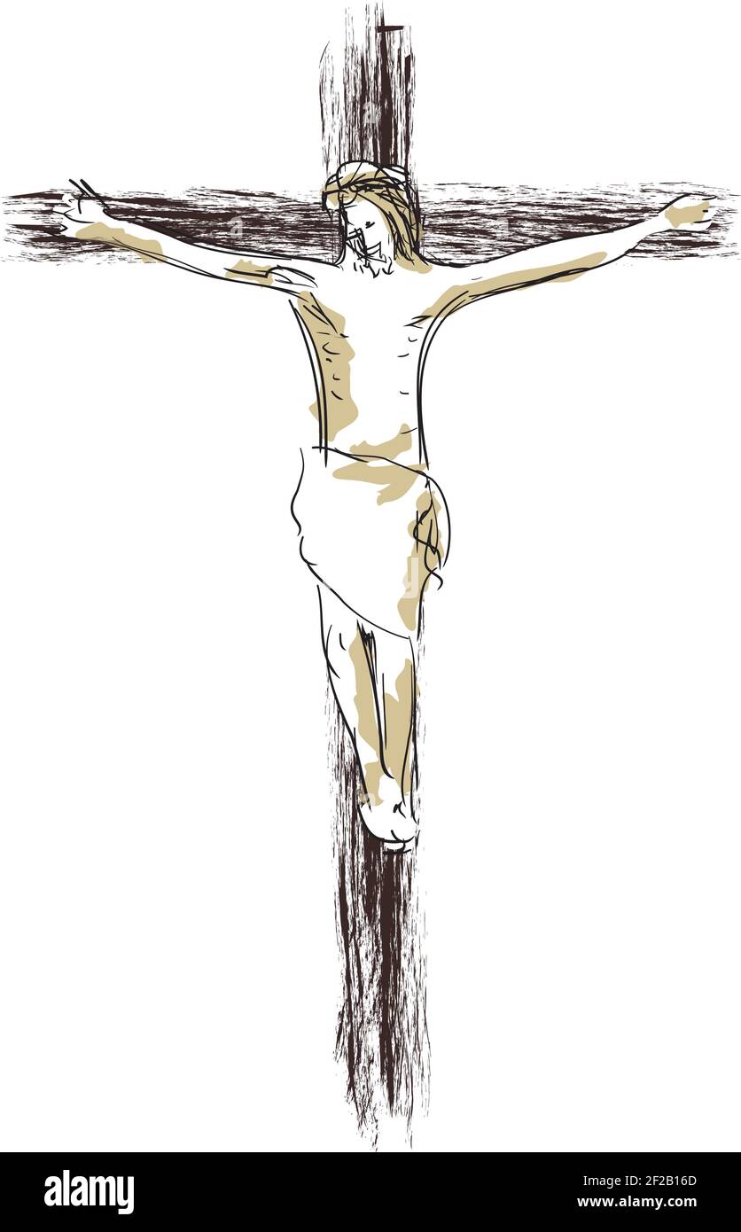 Jesus Christus gekreuzigt am Kreuz. Christliche und katholische Religion. Vektorgrafik. Stock Vektor