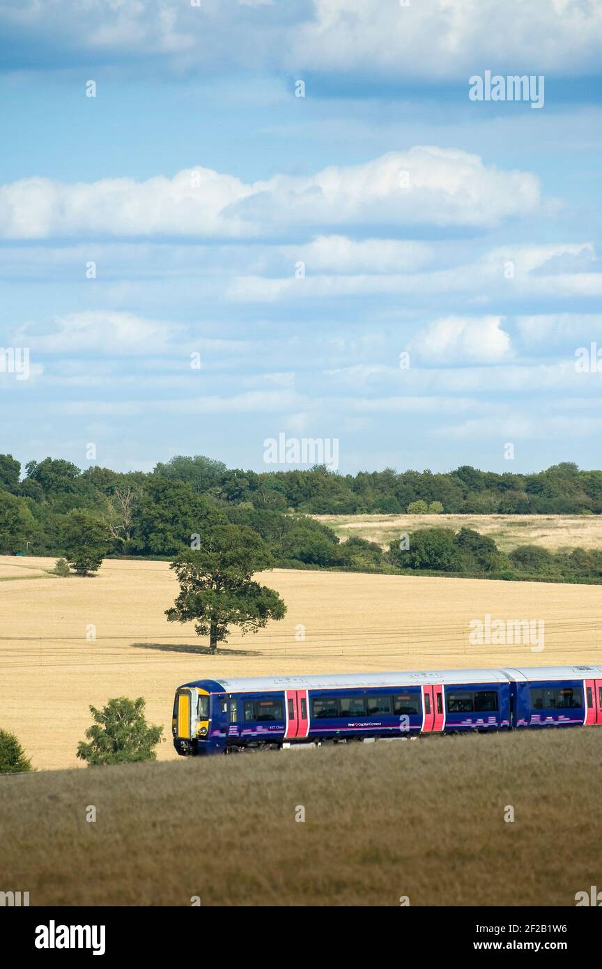 Personenzug der Klasse 377 in der First Capital Connect Lackierung, die durch die englische Landschaft rast. Stockfoto