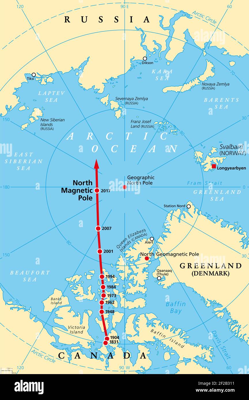 Magnetische Nordpoldrift, politische Karte. Der Nordmagnetpol der Erde bewegt sich im Laufe der Zeit, entsprechend den magnetischen Veränderungen im Kern. Stockfoto