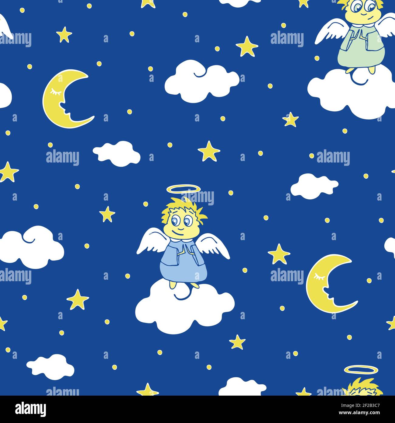 Nahtloses Vektor-Muster mit Engeln in Himmel auf blauem Hintergrund. Kindertapeten-Design mit Himmel, Mond und Sternen. Stock Vektor