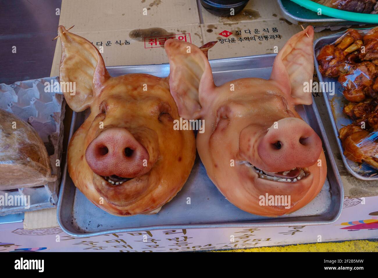 Nahaufnahme von zwei Schweineköpfen auf dem Lebensmittelmarkt in Seouls Gangnam-Nachbarschaft. Stockfoto