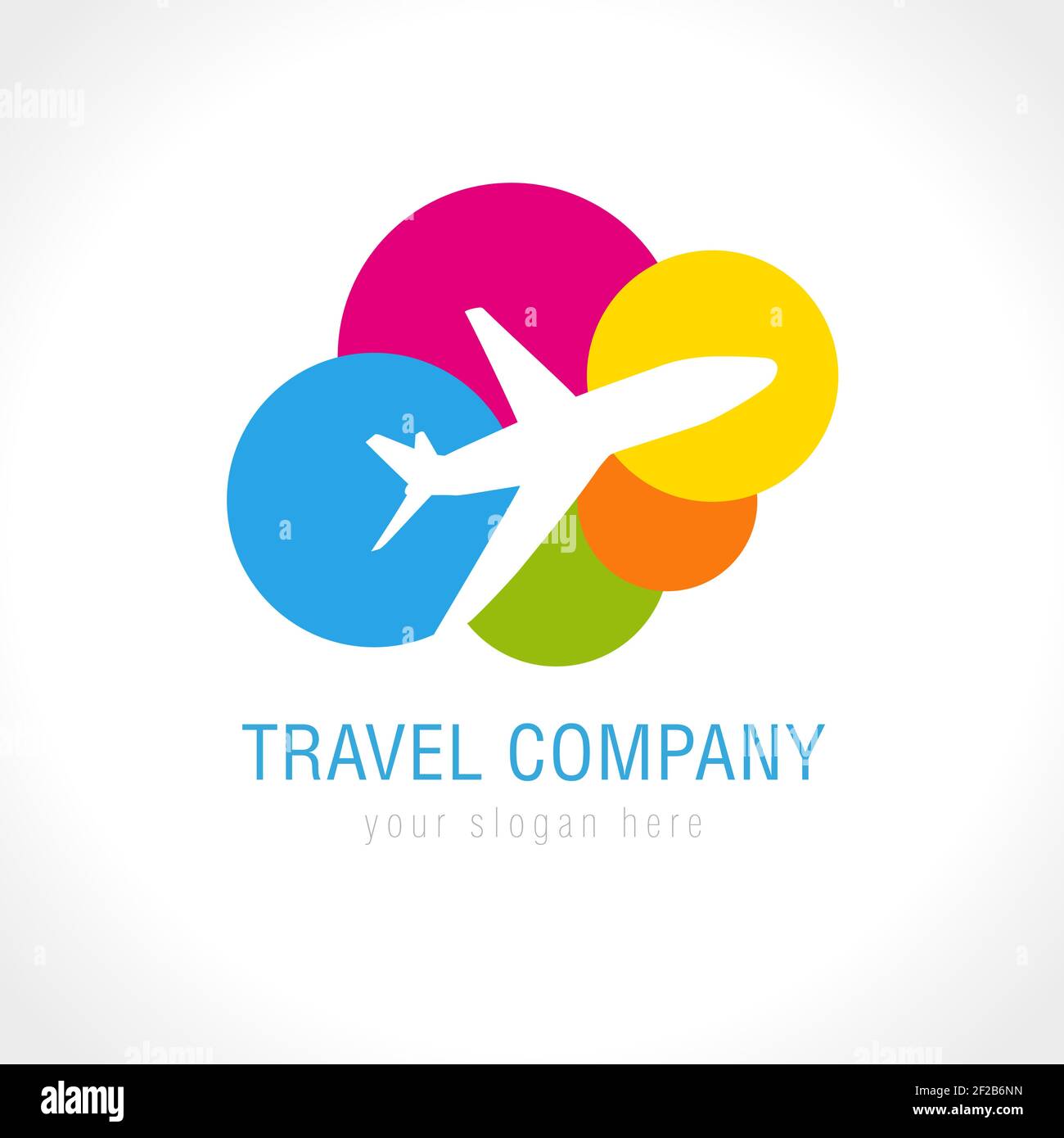 Logo des Reiseunternehmens. Welt reisen Flugzeug abstrakten Vektor-Symbol. Low-Cost-Fluggesellschaften, Ticketverkauf, Tourismusgeschäft. Fliegendes Flugzeug, farbige Wolken. Stock Vektor