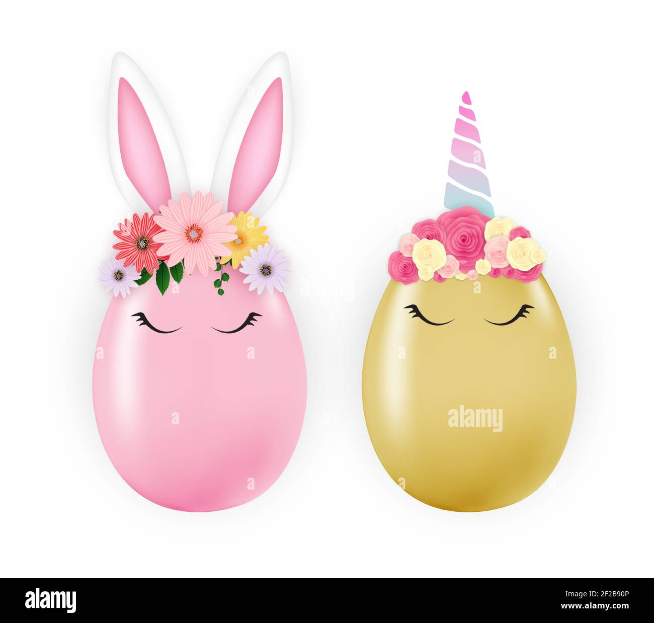 Frohe Ostern Süße Eier Kaninchen Ohren und Einhorn. Vektorgrafik Stock Vektor