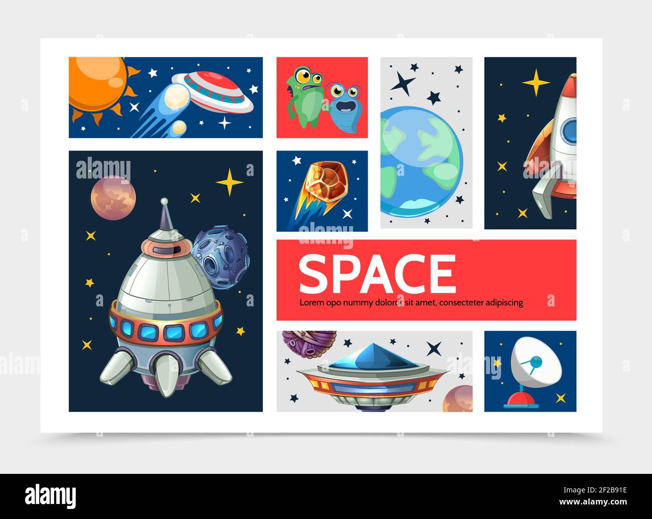 Cartoon Raum Infografik Vorlage mit Planeten Raumschiff Rakete ufo niedlich Aliens Satellitenschüssel Sterne Kometen Meteore Asteroiden Sonne Vektor Illustration Stock Vektor