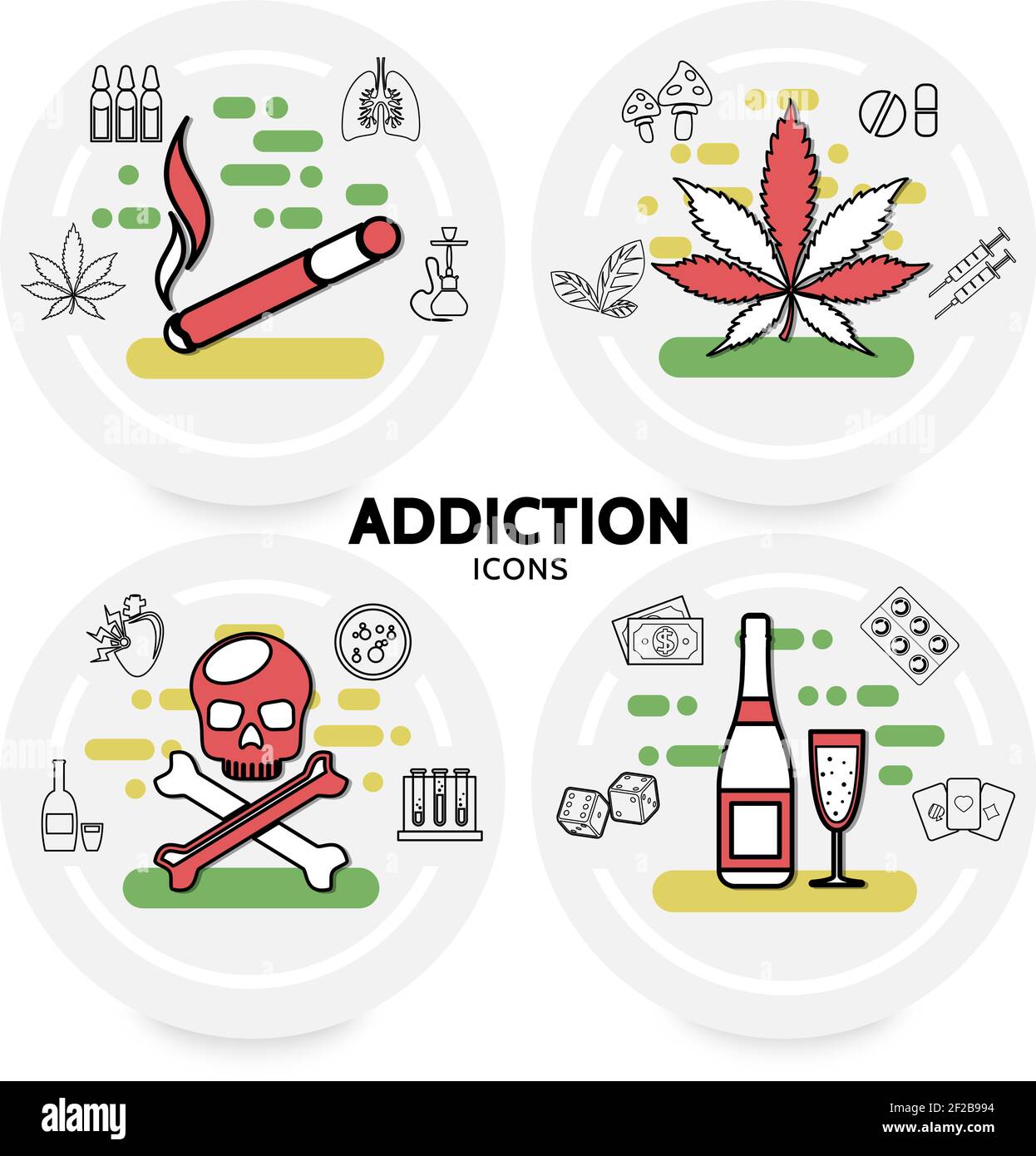 Gesundheitsschädlich sucht Konzept mit Zigarette Marihuana Blätter kranken Lungen Shisha Schädel Alkohol Geld Würfel Spielkarten Drogen Pilz Spritzen Linie Symbole Stock Vektor