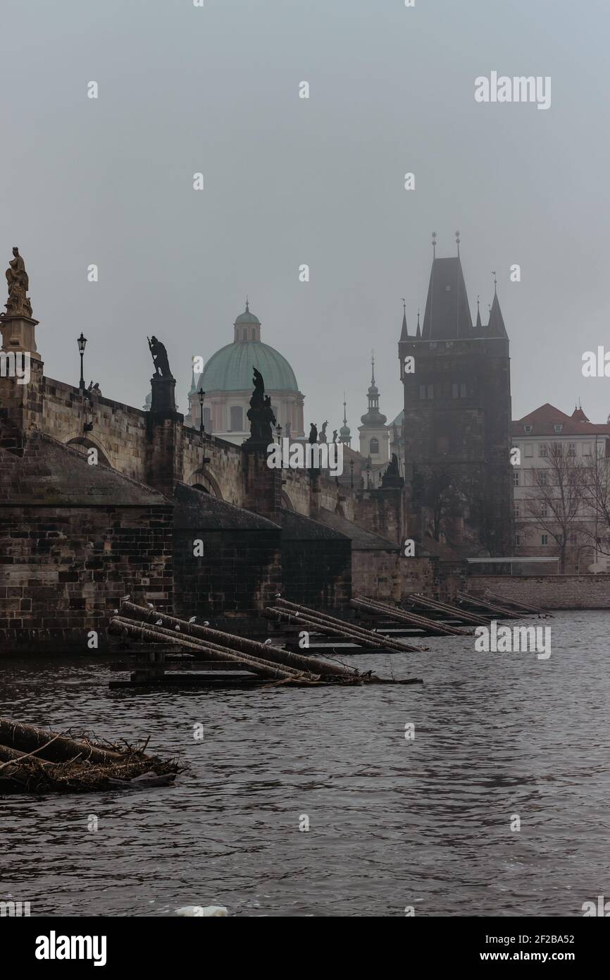 Blick auf die Karlsbrücke, Altstädter Brückenturm und Moldau in nebligen Morgen, Prag, Tschechische Republik.Gebäude und Wahrzeichen der Altstadt. Stockfoto