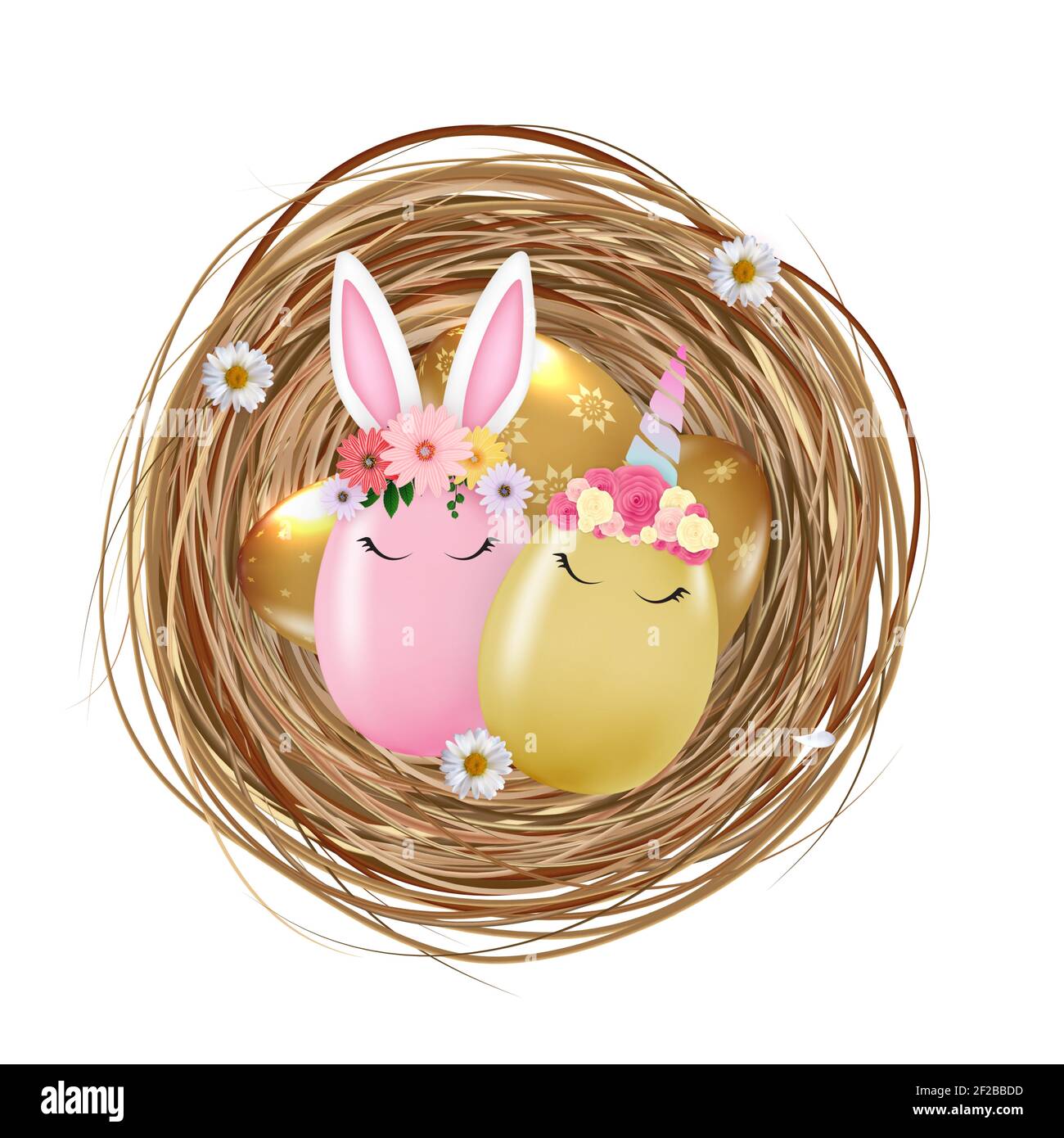 Frohe Ostern Süße Eier Kaninchen Ohren und Einhorn im Vogelnest. Vektorgrafik Stock Vektor