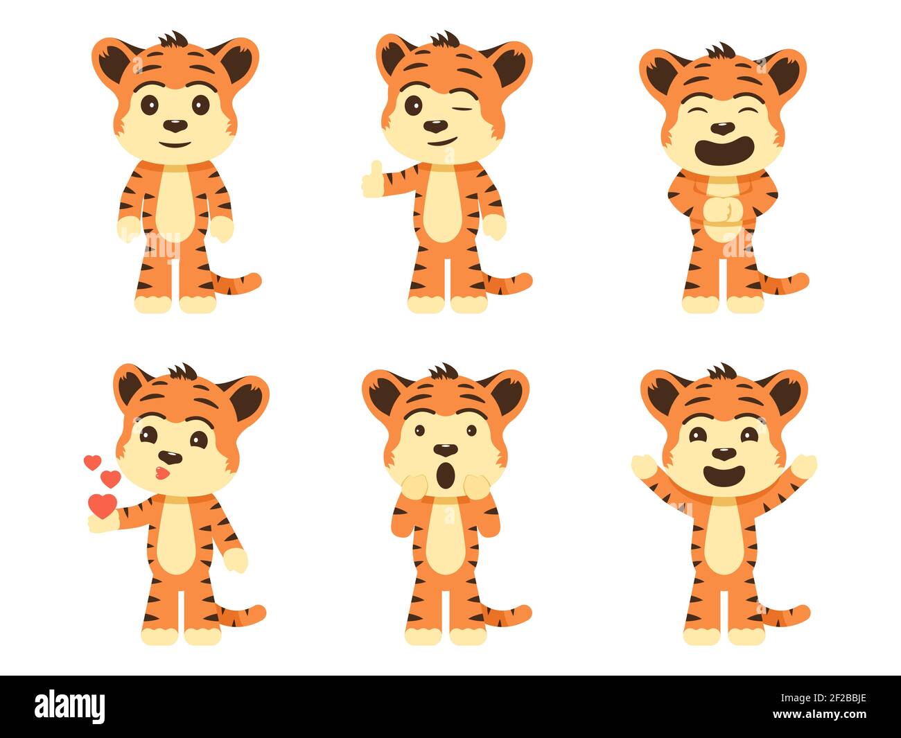 Set Cartoon Tiger Jungen. Vektor-Illustration Sammlung von Comic-Figuren niedlichen Tiger Jungen auf weißem Hintergrund isoliert. Stock Vektor