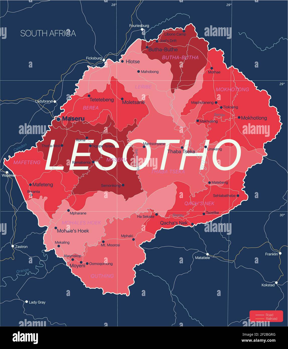 Lesotho Land detaillierte editierbare Karte mit Regionen Städte und