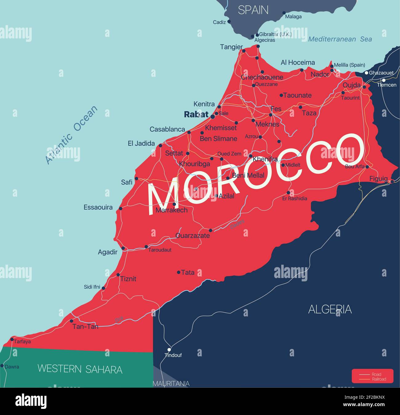 Marokko Land detaillierte editierbare Karte mit Regionen Städte und Städte,  Straßen und Eisenbahnen, geografische Standorte. Vector EPS-10-Datei  Stock-Vektorgrafik - Alamy