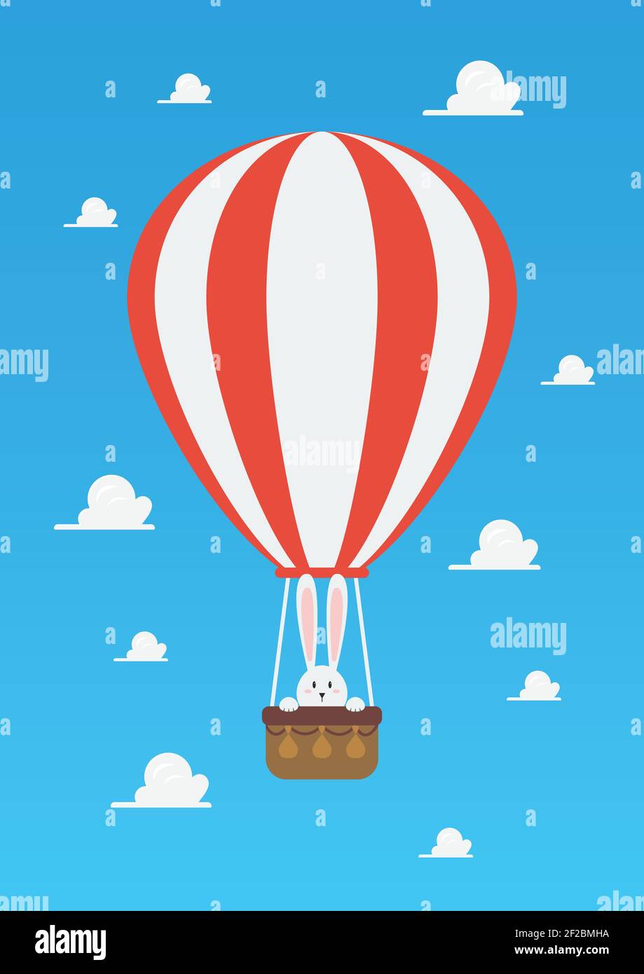 Heißluftballon mit Kaninchen im Korb. Konzept für den Ostertag. Vektorgrafik. Stock Vektor