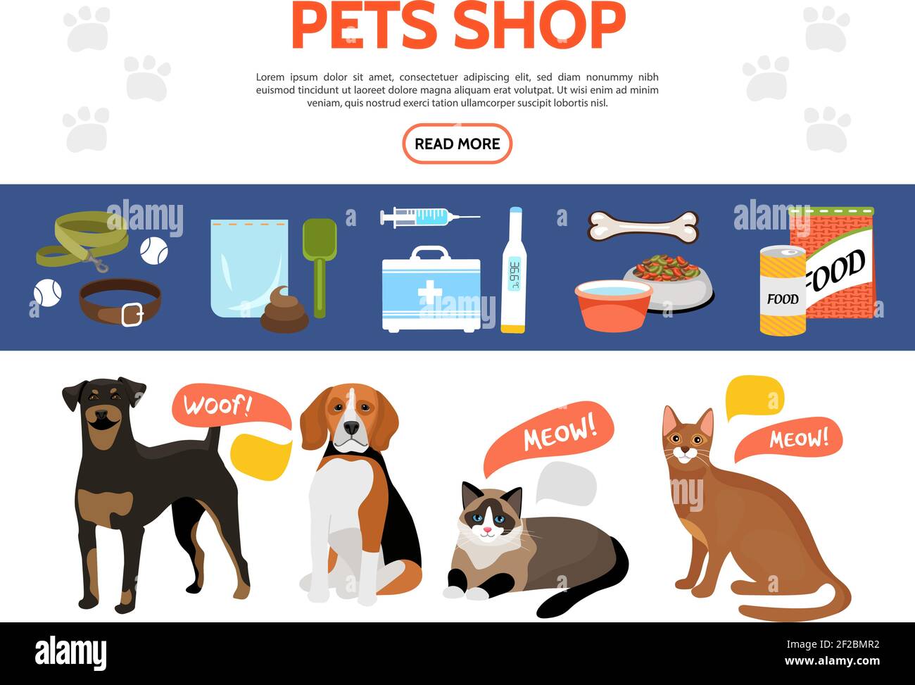 Flat PET Shop Elements Kollektion mit niedlichen Hunden Katzen Tier Lebensmittel Halsband Leine medizinische Geräte Spielzeug Knochen Schüsseln Abfallbeutel Isolierte Vektordarstellung Stock Vektor