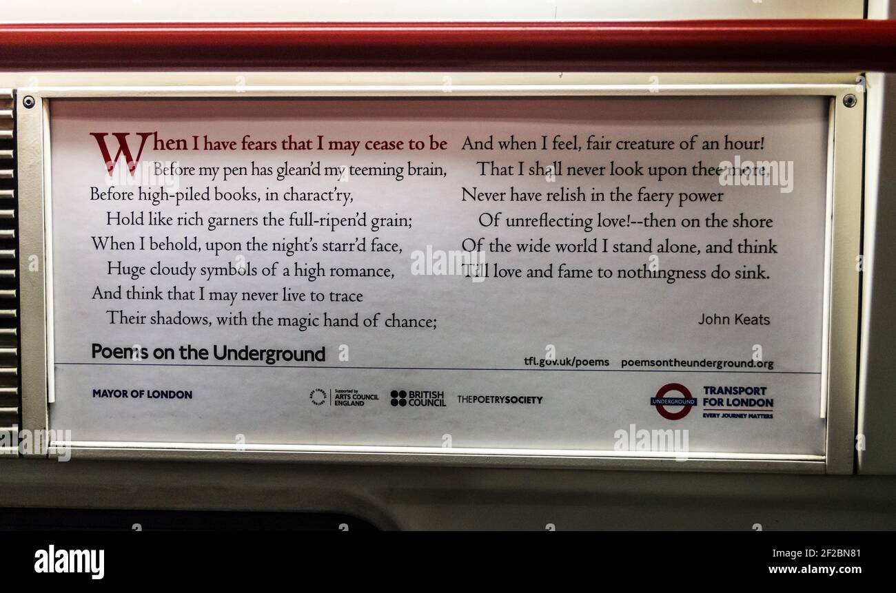 'Wenn ich Angst habe, dass ich aufhören werde', Gedicht von John Keats auf einem Plakat in einem Londoner U-Bahn-Zug der Central Line, 'Gedichte auf der U-Bahn' Stockfoto