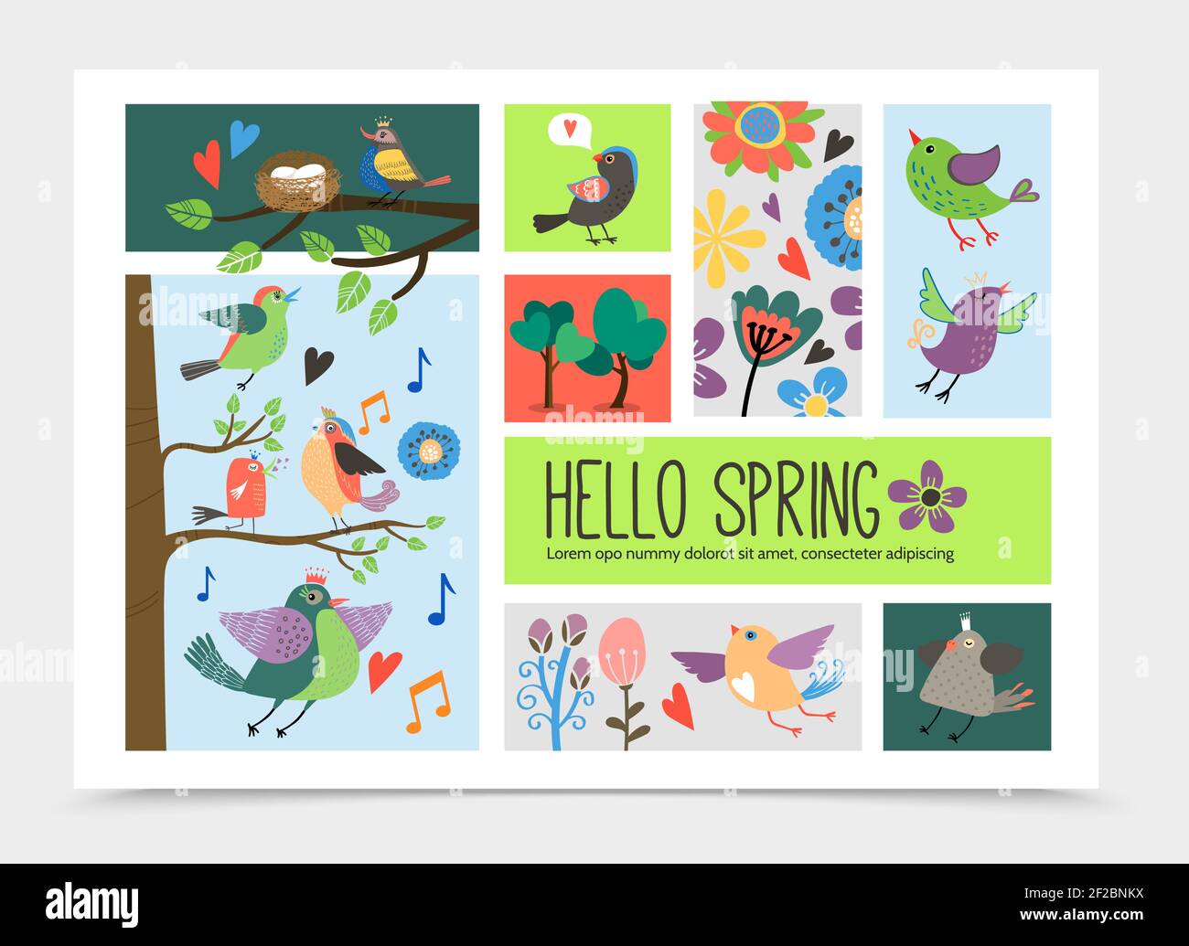Flache Frühling Zeit romantische Infografik Vorlage mit Fliegen und Sitzen Auf Baumzweigen nisten schöne niedliche Vögel blühende Blumen Musik Notizen isolieren Stock Vektor