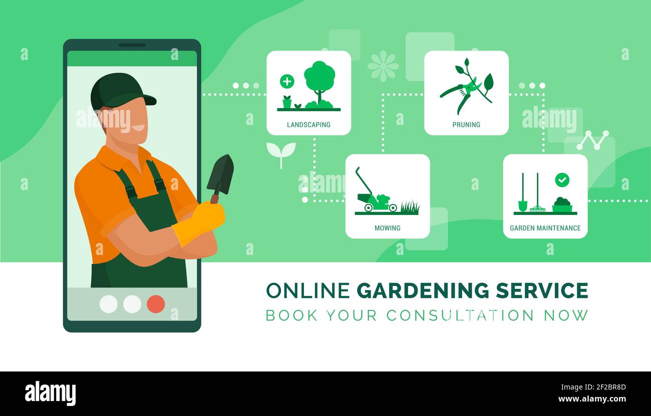 Professioneller Gärtner auf einem Videoanruf, der Rat gibt und präsentiert Seine Gartenarbeit Stock Vektor