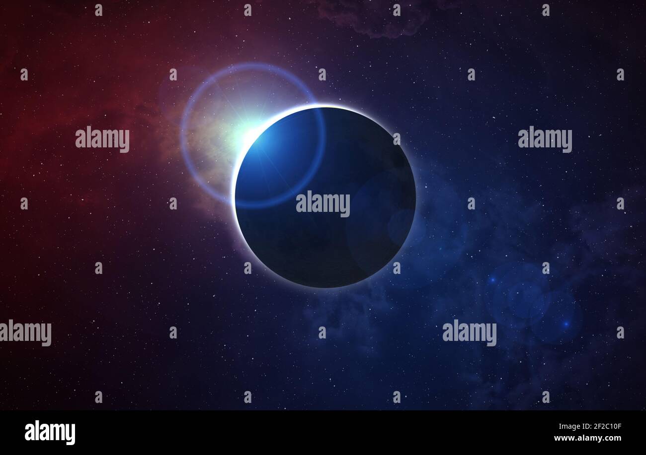 Sonnenfinsternis, Mond und bunter Nebel. Der Mond bedeckt die Sonne in einer Sonnenfinsternis. Elemente dieses Bildes, die von der NASA eingerichtet wurden. Stockfoto