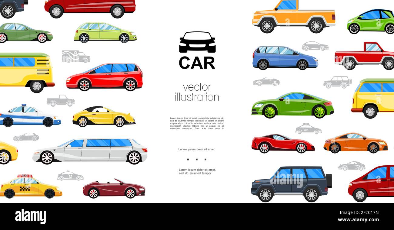 Flache bunte Automobile Vorlage mit Reise Bus Taxi Polizei Limousine Jeep Limousine Coupe Hatchback Roadster Cabriolet Pickup Autos Vektor Illustration Stock Vektor