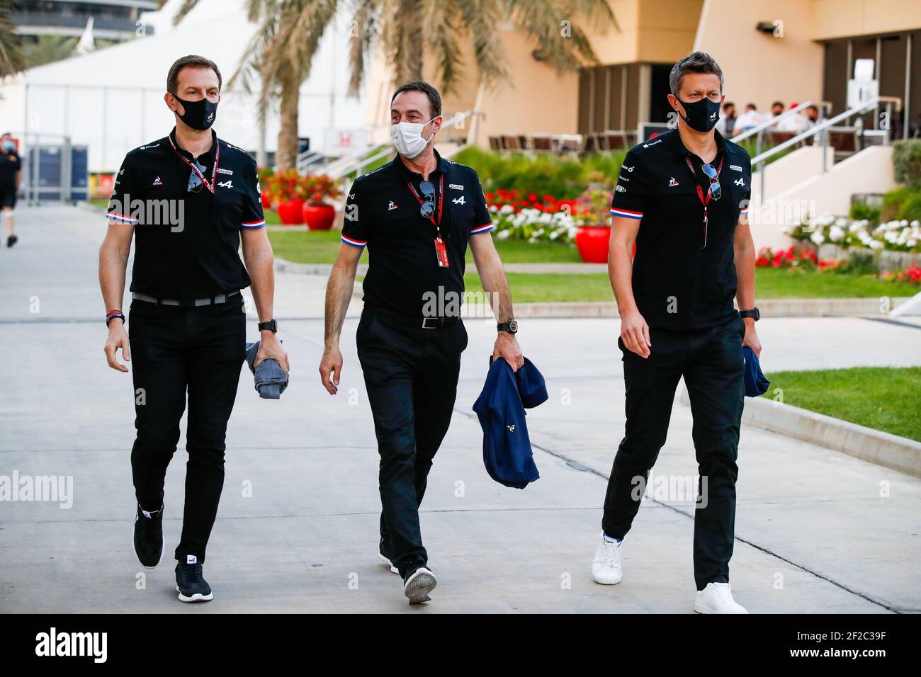 Sakhir, Bahrain. 11. März 2021: ROSSI Laurent (Fra), CEO von Alpine, BORDE Louis (frai, Alpine F1 Team, BUDKOWSKI Marcin, Executive Director des Alpine F1 Teams, Portrait während des Formel 1 Vorsaison Tests 2020 vom 12. Bis 14. März 2021 auf dem Bahrain International Circuit, in Sakhir, Bahrain - Foto Florent Gooden/DPPI Quelle: DPPI Media/Alamy Live News Stockfoto