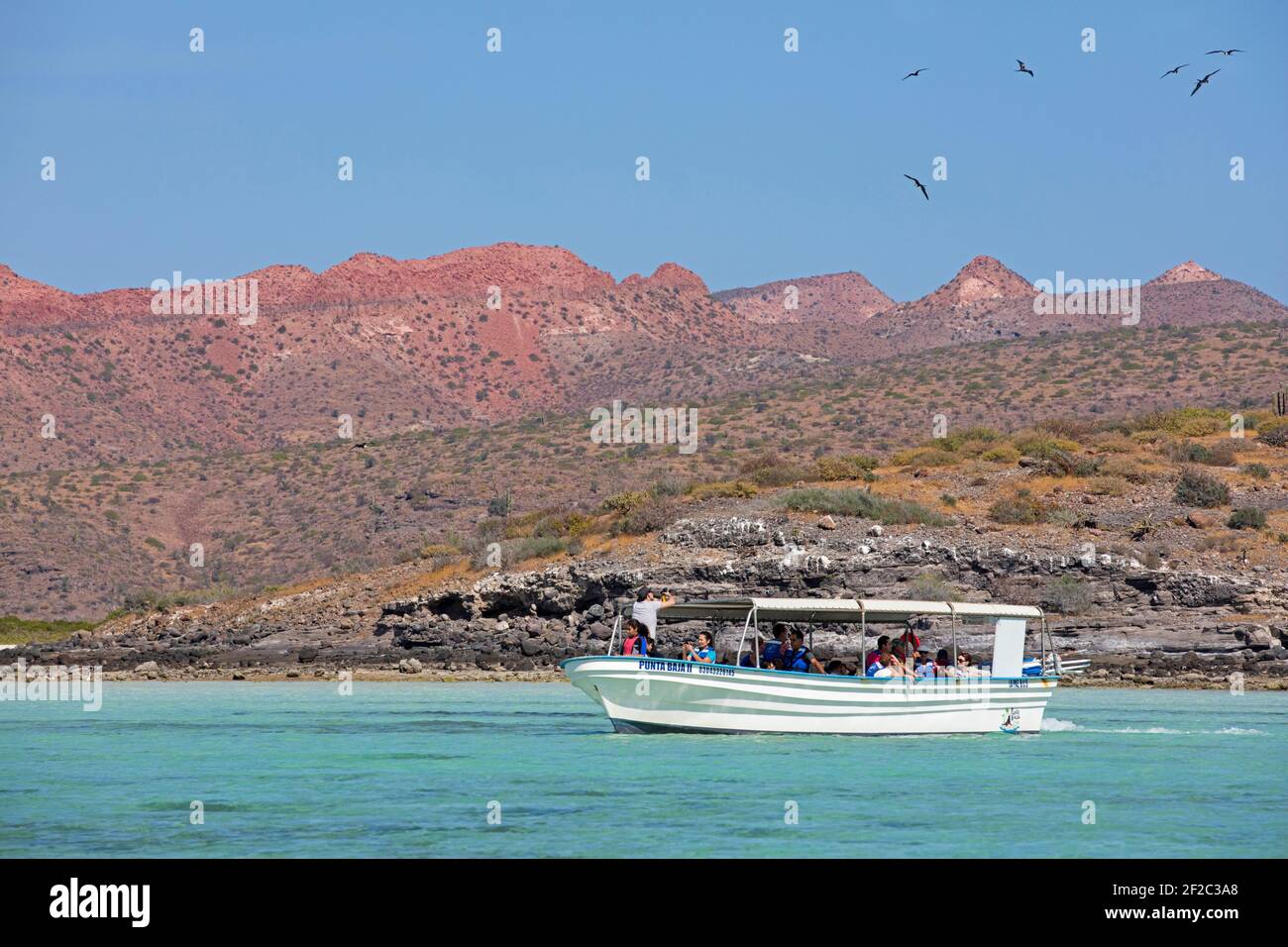 Touristenboot, das entlang der felsigen Küste der Isla Espíritu Santo segelt, Insel im Golf von Kalifornien bei La Paz, Baja California Cruz, Mexiko Stockfoto