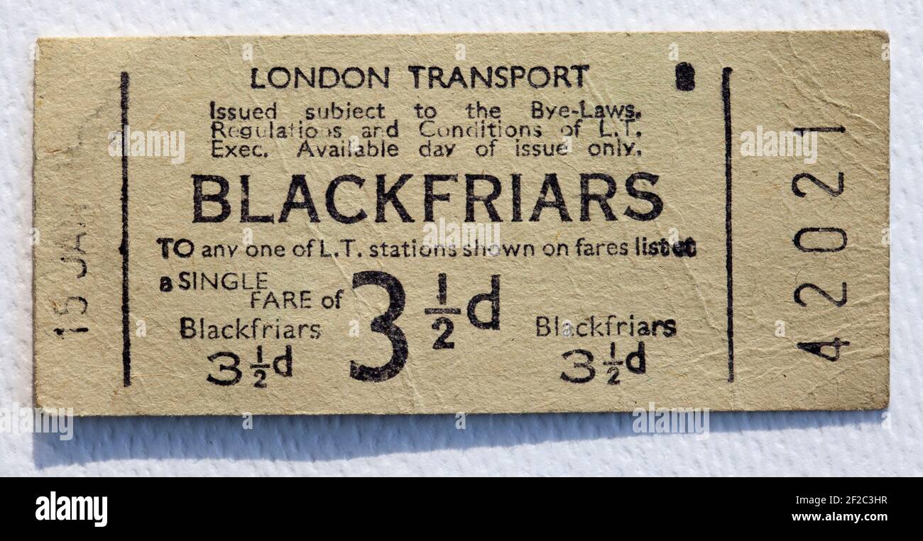 Old London Transport U-Bahn oder U-Bahn-Ticket von Blackfriars Station Stockfoto