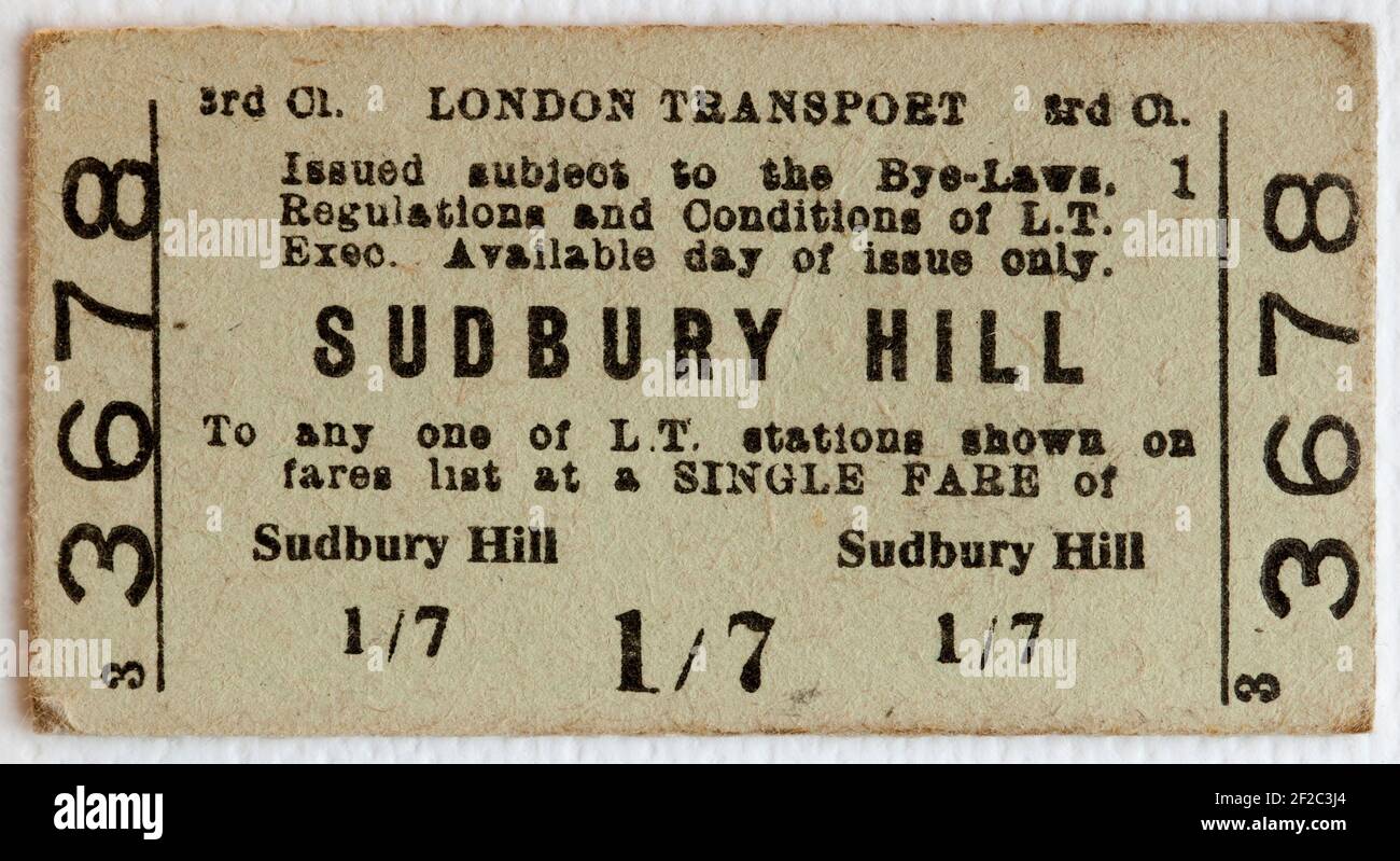 Old London Transport U-Bahn oder U-Bahn Ticket Sudbury Hill Station Stockfoto