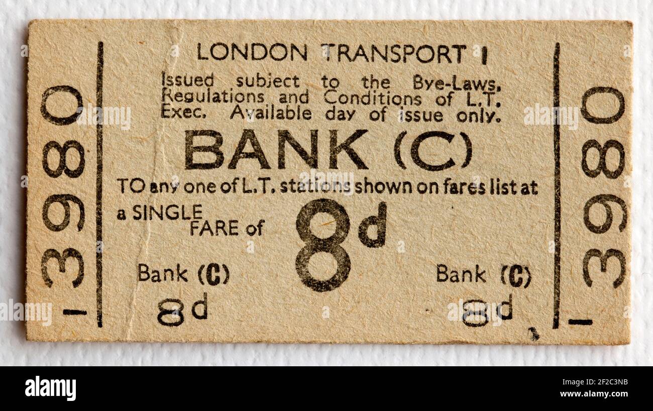 Old London Transport U-Bahn oder U-Bahn-Ticket von der Bank Station Stockfoto