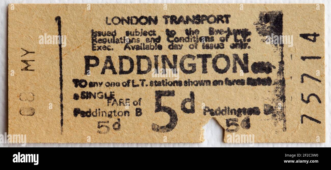 Old London Transport U-Bahn oder U-Bahn-Ticket von Paddington Station Stockfoto