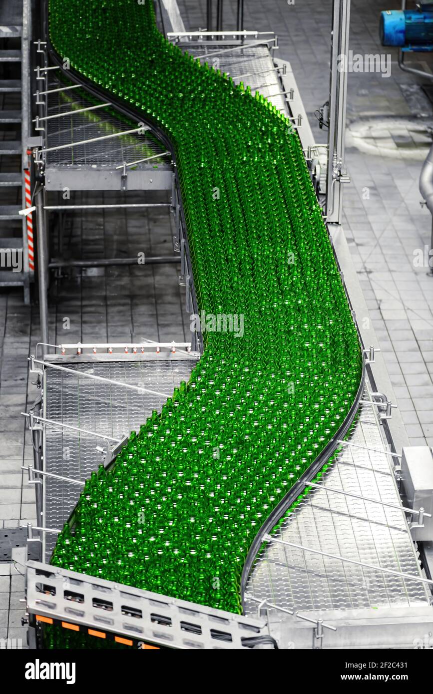 Automatisierte Förderlinie in einer Brauerei. Reihen von grünen Glasflaschen auf einem Förderband. Industriebrauerei Stockfoto