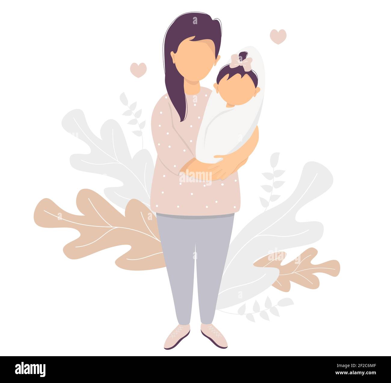 Mutterschaft. Glückliche Frau in Hosen mit einem neugeborenen Mädchen in den Armen in vollem Wachstum steht vor einem Hintergrund eines Musters aus Blättern und Pflanzen. Vect Stock Vektor