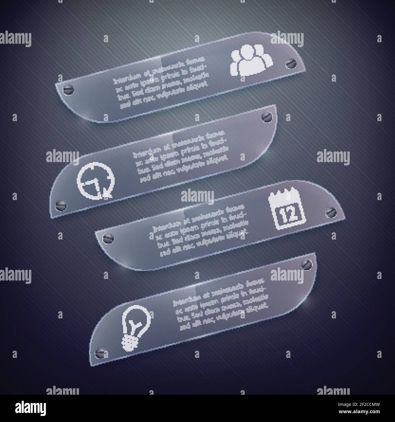 Business Infografik Glas horizontale Banner mit Text und Symbolen auf Dunkel gestreifte Hintergrund isoliert Vektor-Illustration Stock Vektor