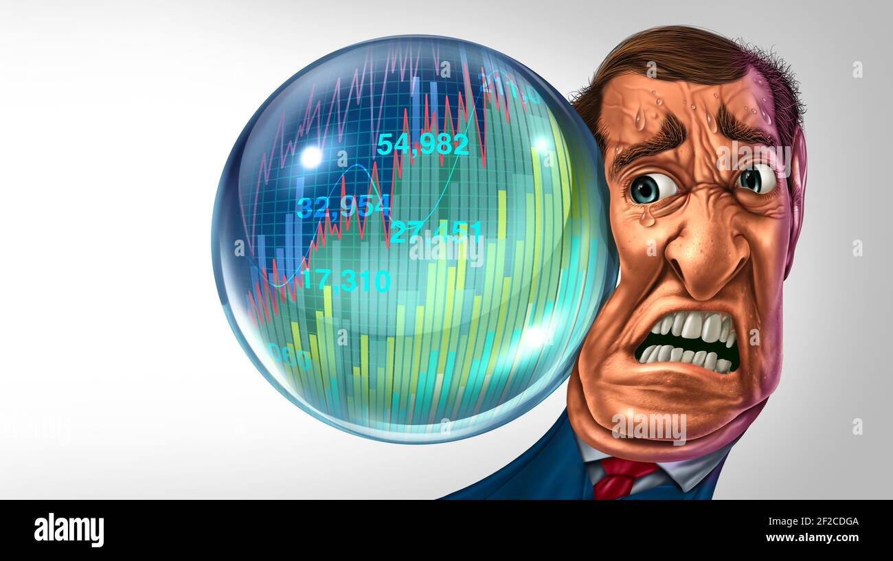 Wirtschaftliche Blase Gefahr und finanzielle Burst oder als Börsengeschäft Spekulationen mit einem Geschäftsmann Short Seller Konzept. Stockfoto