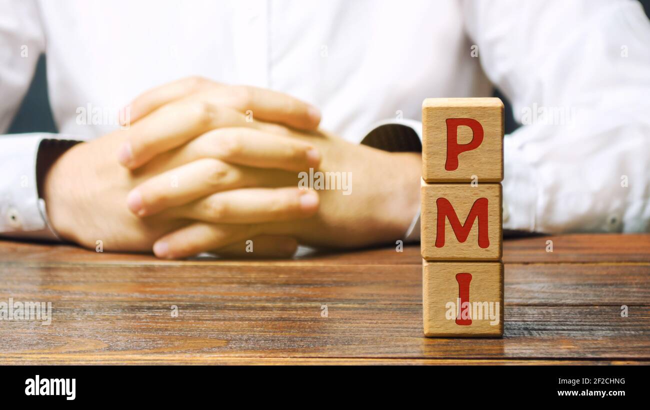 Holzblöcke mit dem Wort PMI - Einkaufsmanagerindex. Ökonomische Indikatoren aus monatlichen Umfragen von privaten Unternehmen abgeleitet. Unternehmensbewertung Stockfoto