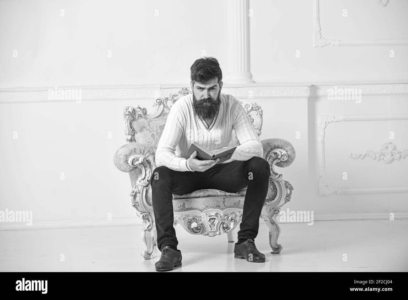Mann mit Bart und Schnurrbart sitzt auf Sessel und Lesebuch, weißer Wandhintergrund. Wissenschaftler, Professor auf ernstes Gesicht erforscht Literatur. Macho Stockfoto