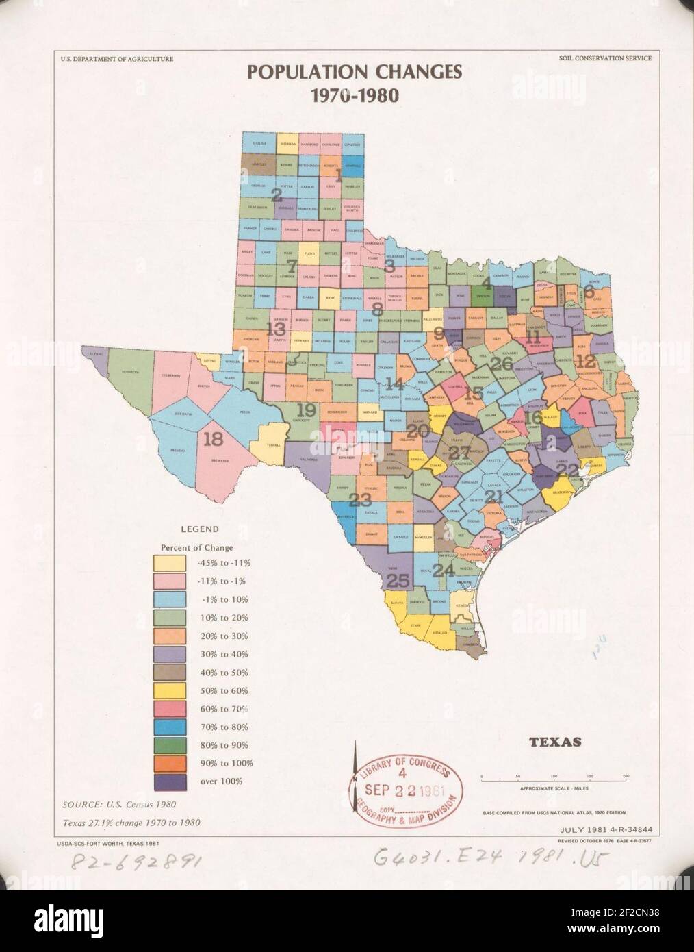 Bevölkerungsveränderungen, 1970-1980, Texas Stockfoto