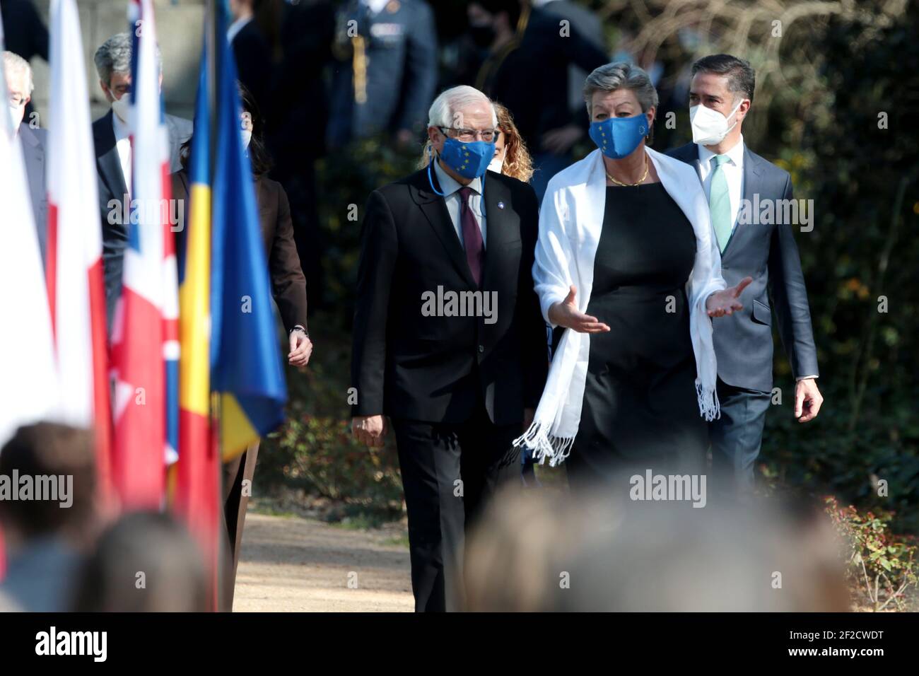 Madrid, Spanien; 11/03/2021.- der hohe Kommissar für Außenpolitik, Josep Borrell, und die Kommissarin für Inneres, Ylva Johansson.Europäischer Tag für die Opfer des Terrorismus. Siebzehn Jahre später erinnert Madrid an die Opfer der Anschläge vom 11. März an einem Jahrestag mit Einschränkungen aufgrund der Pandemie, bei der die zentrale Tribut ein Akt des Staates unter dem Vorsitz der Könige ist. Dieser Akt ist Teil des Gedenkens an den Europäischen Tag der Opfer des Terrorismus, der am 11. März jedes Jahres vom Europäischen Parlament Tage nach dem dschihadistischen Massaker in der spanischen Hauptstadt im Jahr 2004 begangen wurde. Credi Stockfoto