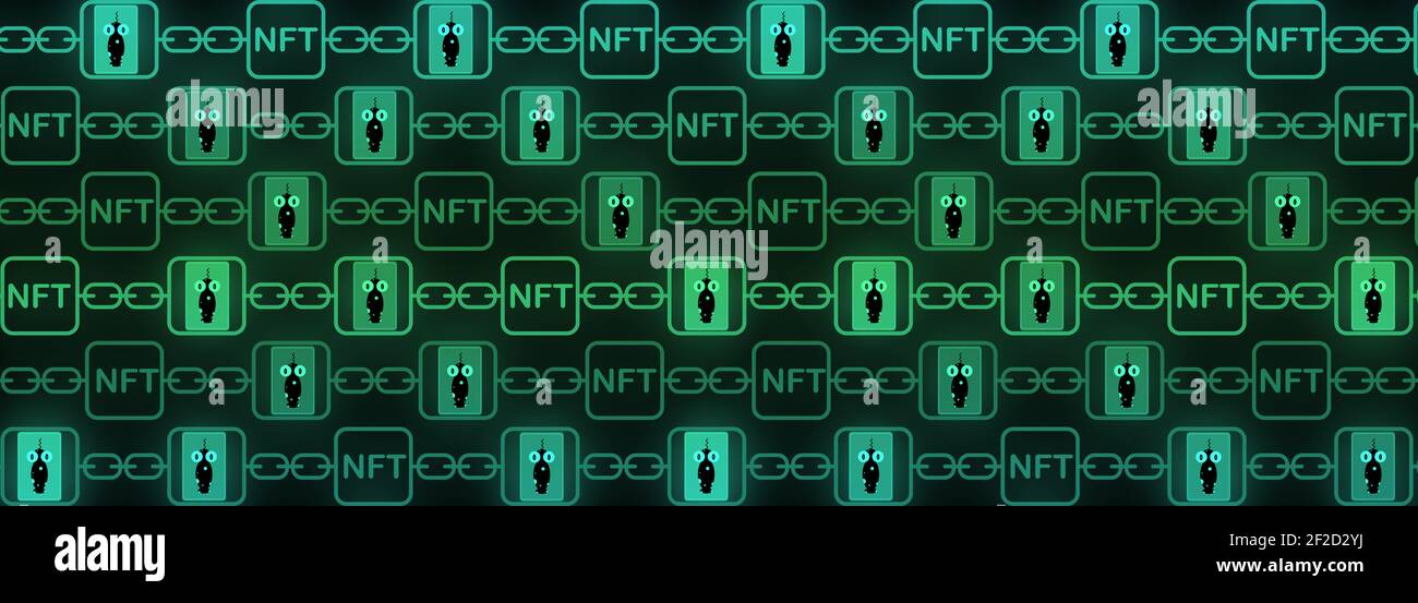 NFT nicht-fungible Token Art und Collectibles Banner Überschrift in grün, Blockchain-Technologie, um einzigartige digitale Objekte für Krypto-Kunst zu erstellen Stockfoto