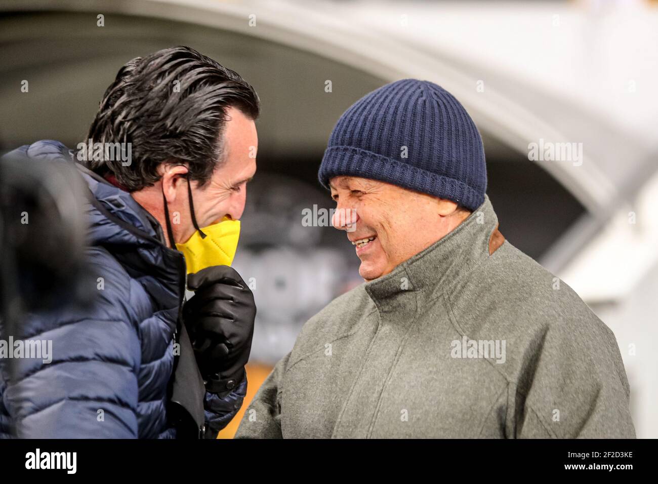 KIEW, OEKRAINE – MÄRZ 11: Headcoach Unai Emery des FC Villarreal, Headcoach Mircea Lucescu von Dynamo Kiev während der Dinamo Kiev gegen Villarreal - UEFA Europa League Runde von 16 Bein ein Spiel zwischen Dinamo Kiev und Villarreal bei NSK Olimpiejsky am 11. März 2021 in Kiew, Oekraine (Foto von Andrey Lukatsky/Orange Pictures) Kredit: Orange Pics BV/Alamy Live News Credit: Orange Pics BV/Alamy Live News Stockfoto