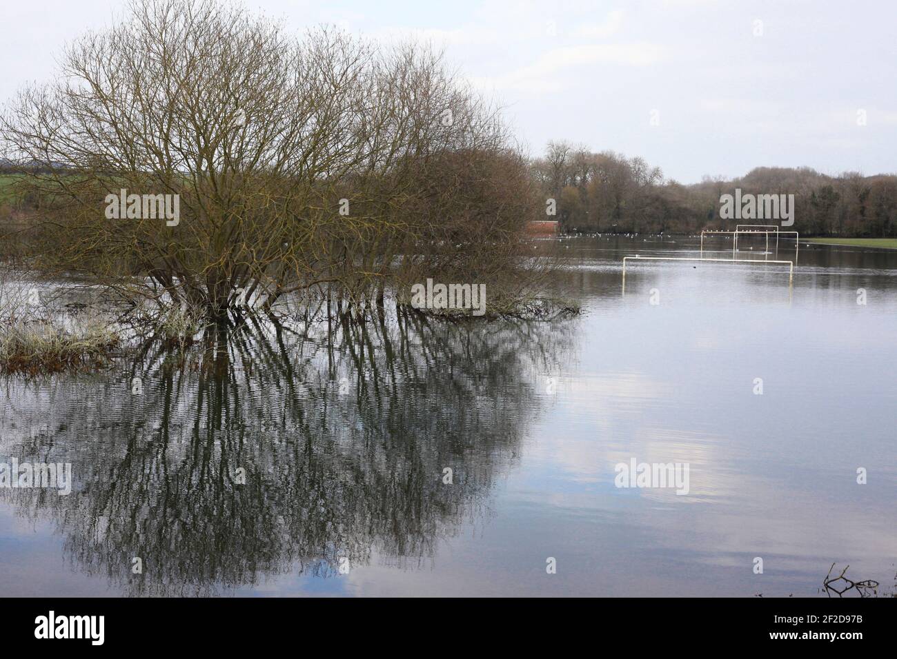 Überflutetes Spielfeld mit Torpfosten in der Nähe des Hudson Way Eisenbahnstrecke Market Weighton Yorkshire Großbritannien Stockfoto