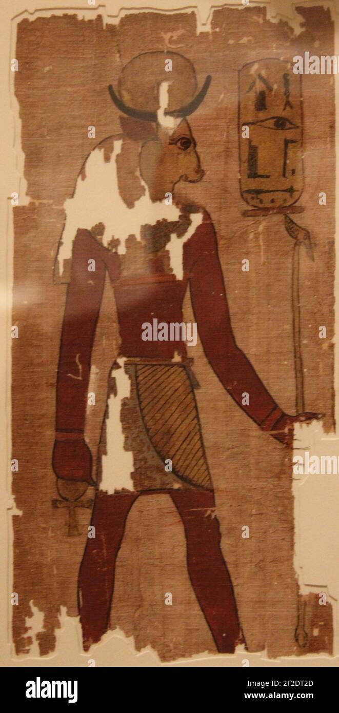 Papyrus zeigt Bull-headed Gott hält Ankh und war Scepter Stockfoto