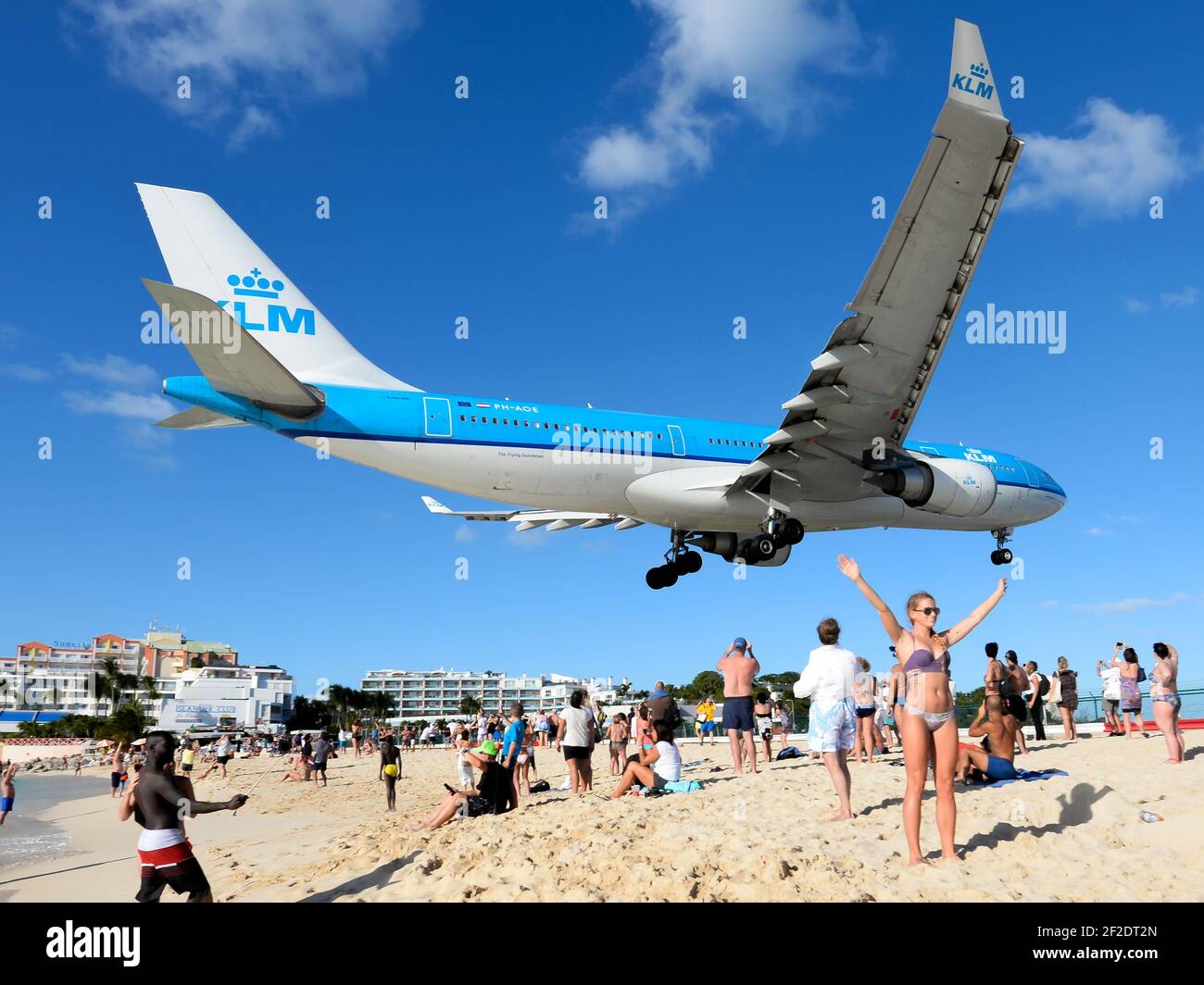 KLM Royal Dutch Airlines Airbus A330 Flugzeuge über Maho Beach landen am Flughafen St. Maarten. Touristenattraktion Strand aufgrund der niedrigen Landung Flugzeuge. Stockfoto