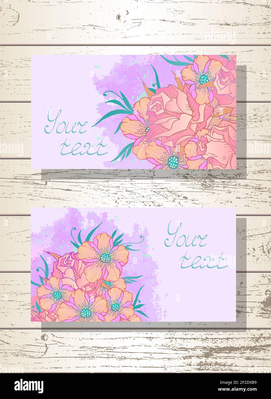Vektor-Set von Vorlagen Einladungen oder Grußkarten mit handgezeichneten Blumen, Rosen und Aquarell-Elemente auf einem hölzernen Hintergrund. Sammlung von Tem Stock Vektor