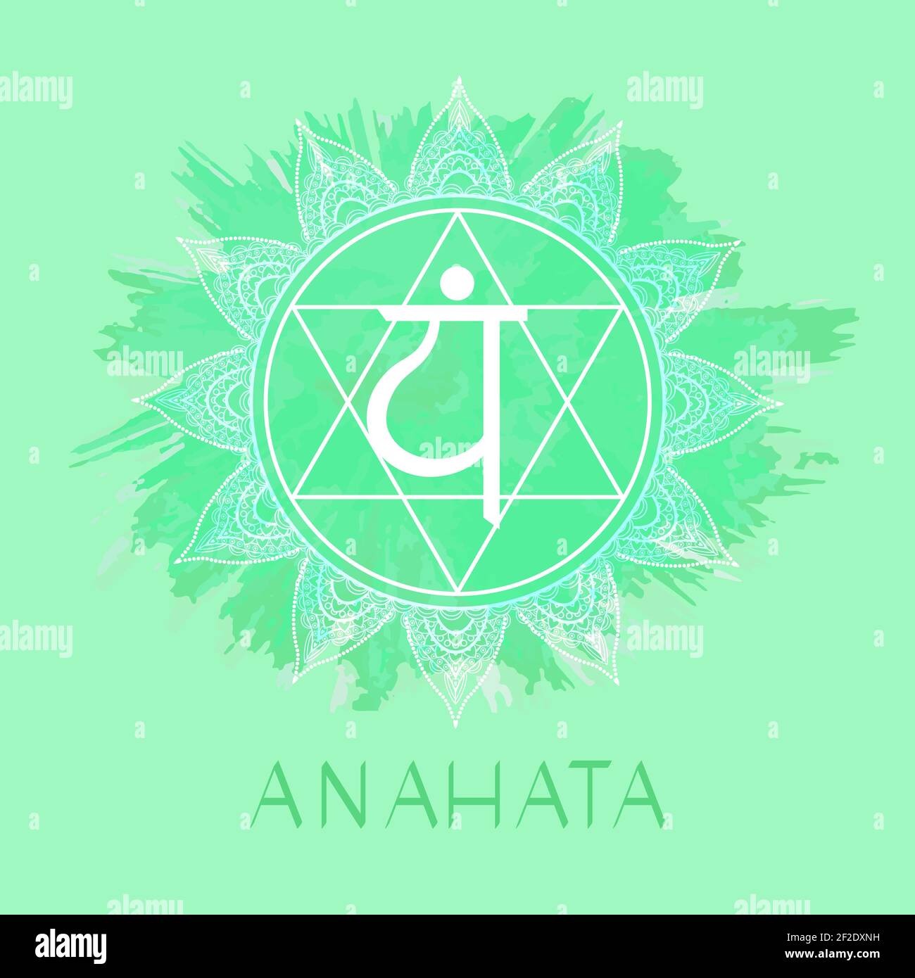 Vektor-Illustration mit Symbol Anahata - Herz-Chakra auf Aquarell-Hintergrund. Kreis-Mandala-Muster und handgezeichnete Schriftzüge. Farbig. Stock Vektor