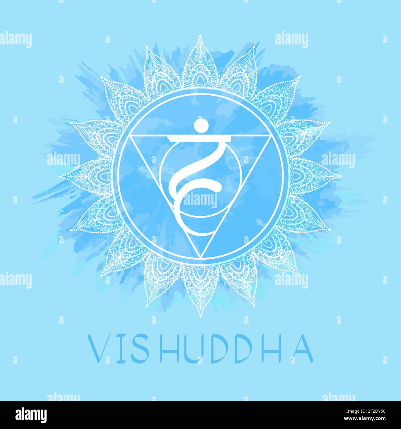 Vektor-Illustration mit Symbol Vishuddha - Kehle Chakra auf Aquarell Hintergrund. Kreis-Mandala-Muster und handgezeichnete Schriftzüge. Farbgebung Stock Vektor