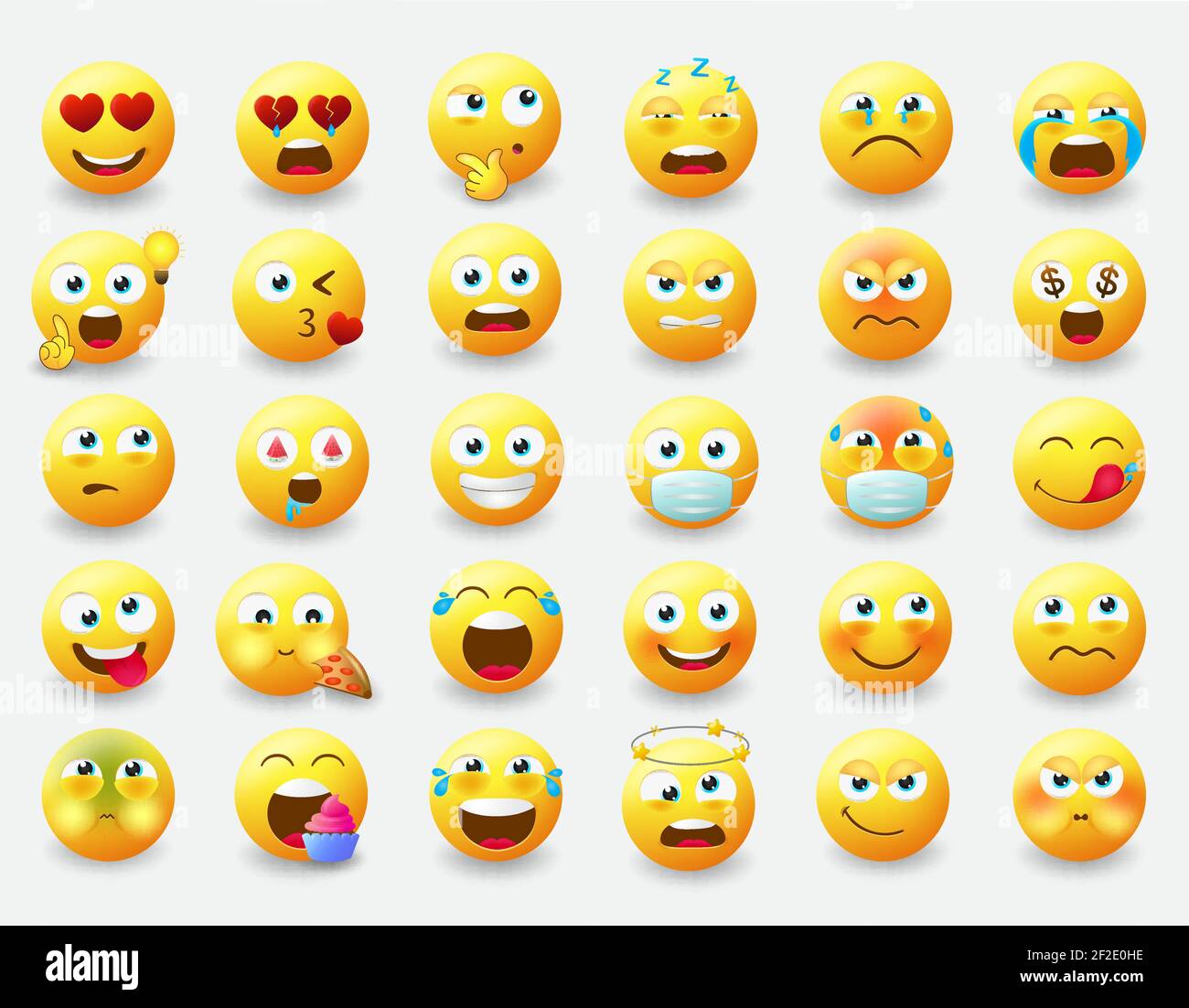 Smileys Emoticon Vektorset. Smiley Emoji-Charaktere mit Pose und Emotionen wie glücklich, in der Liebe, Essen und Denken in gelbem Gesicht Symbol für Avatar. Stock Vektor