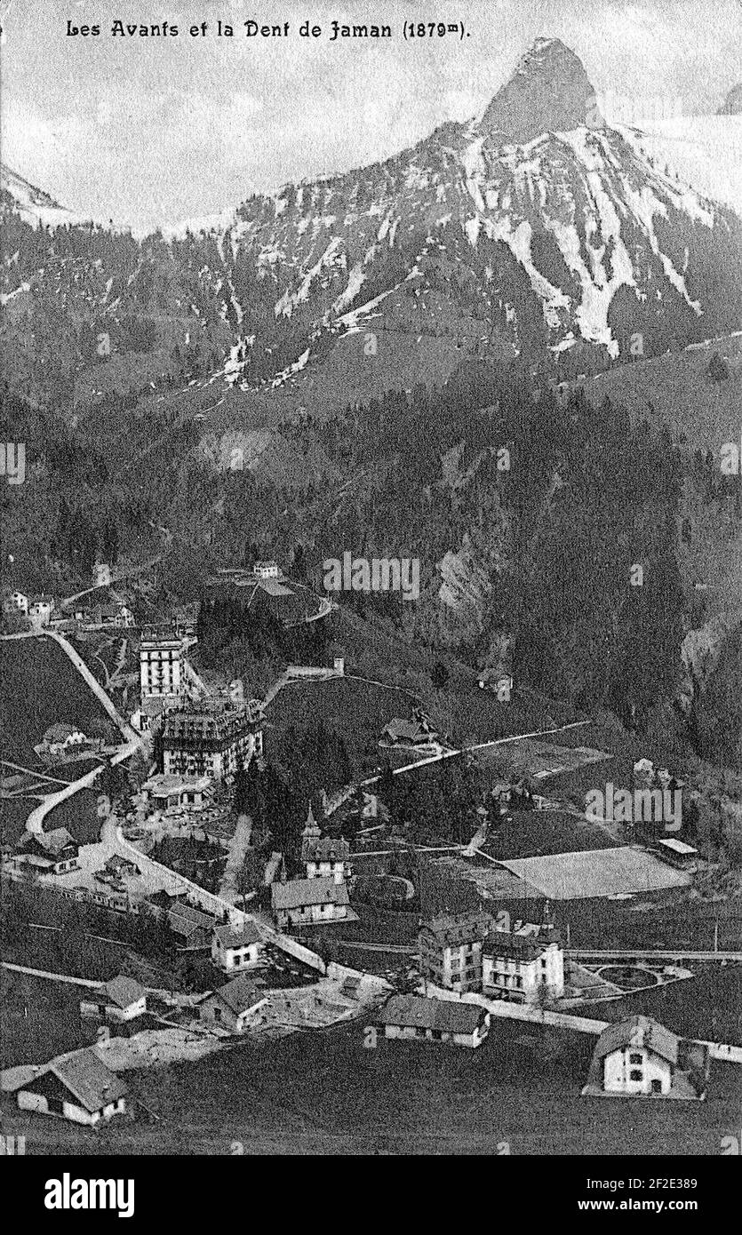 Postkarte Les-Avants und die Dent-de-Jaman. Stockfoto