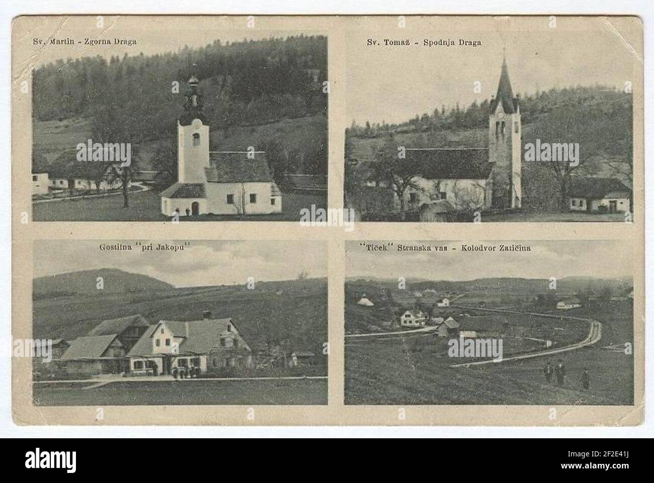 Postkarte von Zgornja Draga, Spodnja Draga und Stranska vas ob Višnjici. Stockfoto