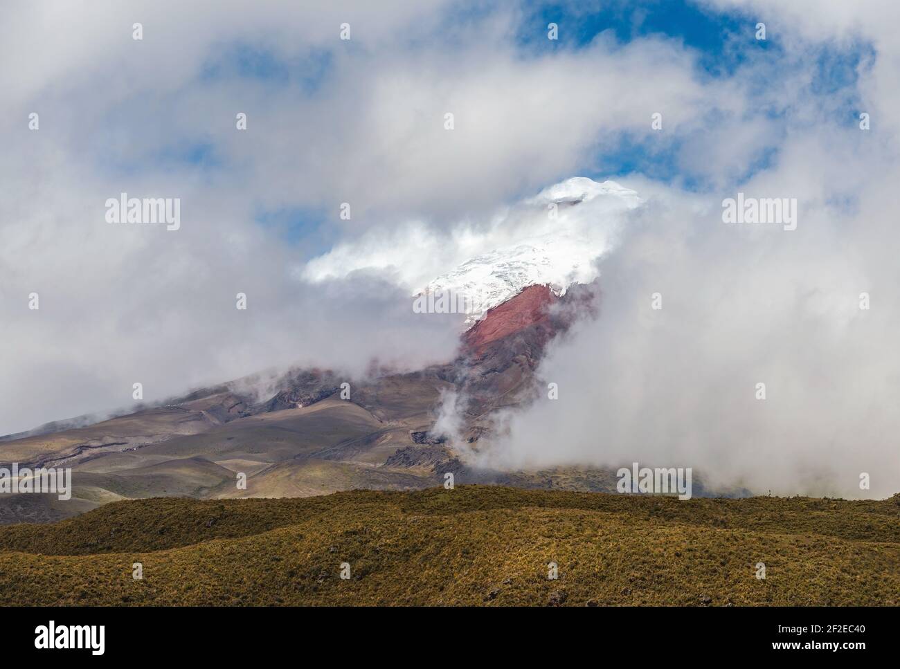 Schneebedeckter Gipfel und Gletscher des Vulkans Cotopaxi, Quito, Ecuador. Stockfoto