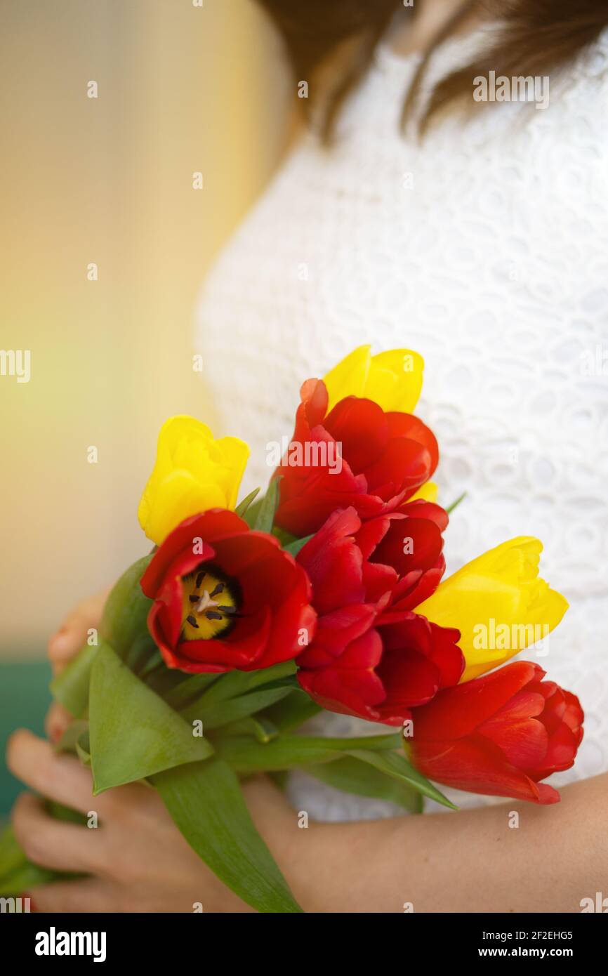 Weicher Fokus der anonymen weiblichen tragen Bündel von bunten frischen Tulpen während der Feiertagsfeier im Frühjahr. Stockfoto