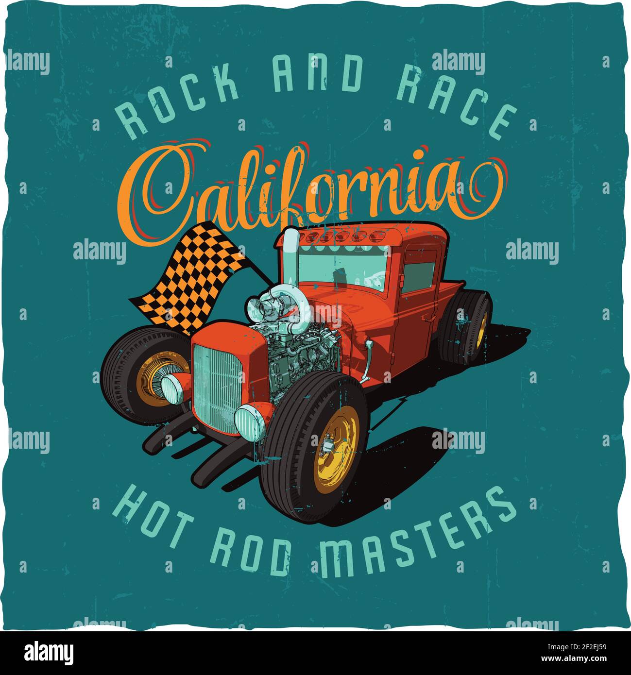 Rock and Race california Poster mit Bild des Autos auf Die blaue Feldvektordarstellung Stock Vektor
